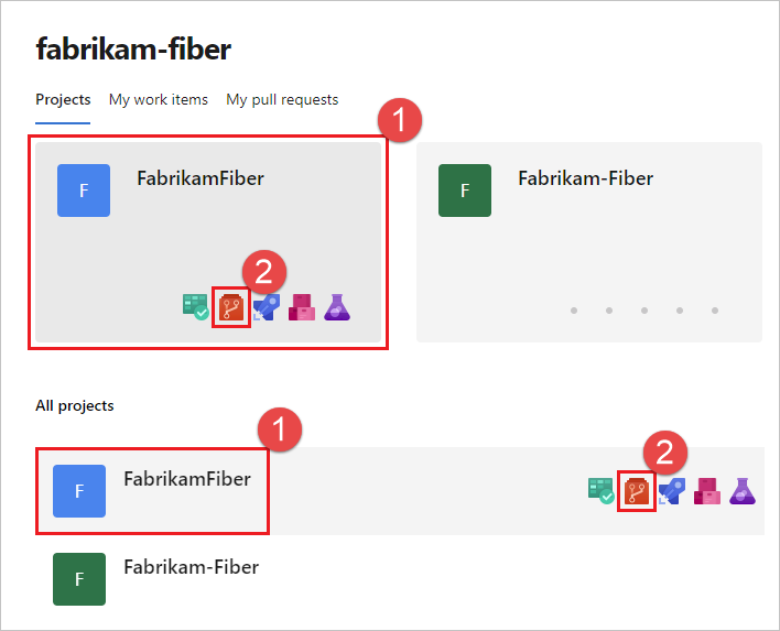 Captura de tela da organização ou da página da coleção que lista projetos.