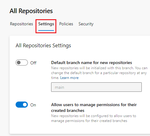 Captura de tela que mostra as configurações do repositório para todos os repositórios