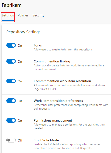 Captura de tela que mostra a guia Configurações do projeto do repositório selecionada.