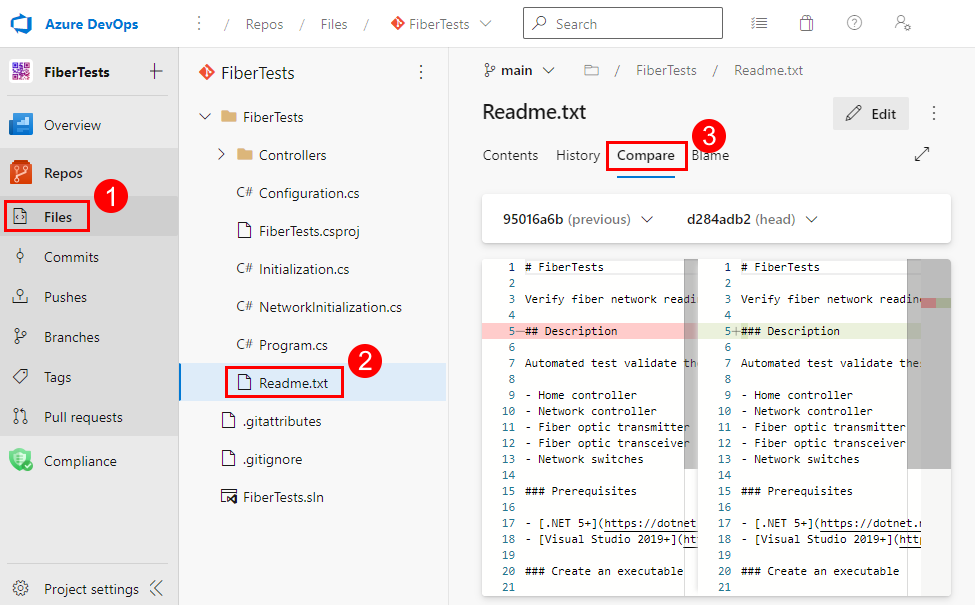 Captura de tela da exibição Comparação de Arquivos da página de projeto do Azure DevOps.