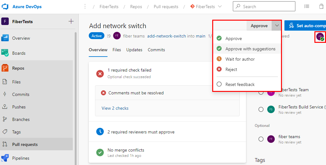 Captura de tela das opções de votação em um Azure Repos P R.