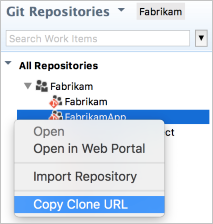 Copiar a URL de clone do repositório Git no Team Explorer Everywhere com um clique com o botão direito do mouse