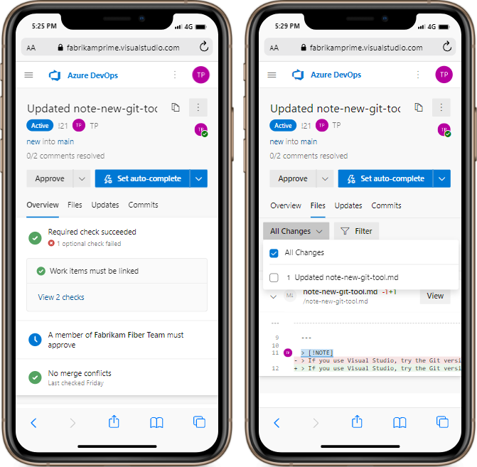 Captura de tela das telas de PR do Azure Repos em um dispositivo móvel.
