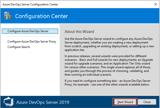 Captura de tela do Centro de Configuração, Assistente para Iniciar, Azure DevOps Server 2019.