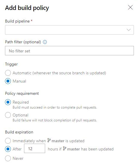 Captura de tela da caixa de diálogo Adicionar política de build com a seção Expiração do build.