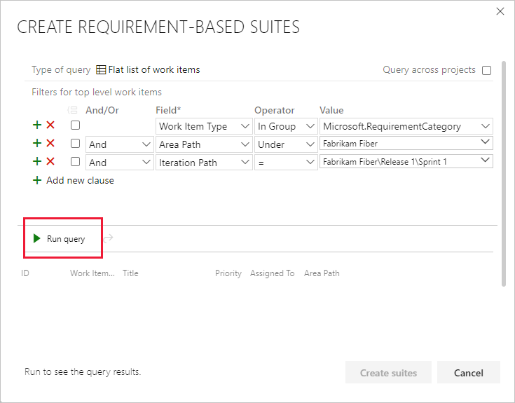 A captura de tela mostra a adição de cláusulas para filtrar por iteração e a execução da consulta para exibir os resultados de Azure DevOps Server 2020 e Azure DevOps Services.