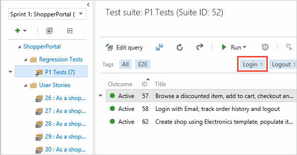 Captura de tela exibida no portal da Web Planos de Teste, na página Planos de Teste, escolha ou adicione tags no painel de casos de teste.