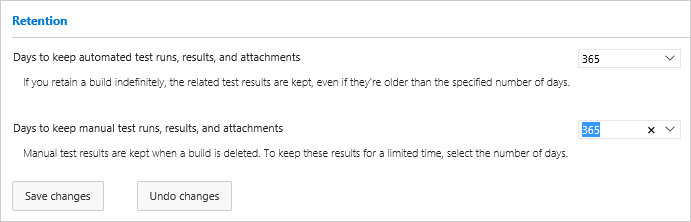 Captura de tela mostrando os limites de retenção de dados de teste selecionados.