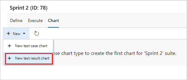 A captura de tela mostra a opção de menu Novo gráfico de resultados de teste.