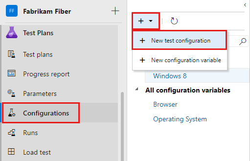 A captura de tela mostra a opção Nova configuração de teste no menu Novo.