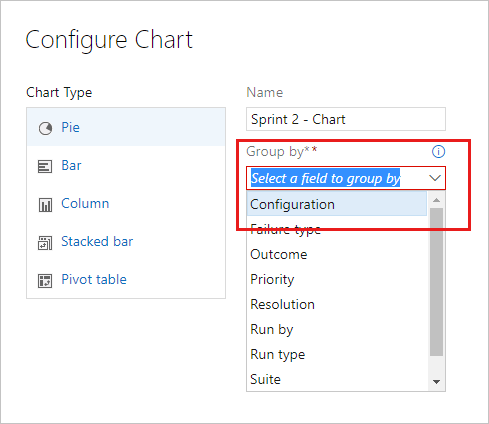 A captura de tela mostra a escolha de uma opção de configuração para agrupar por na caixa de diálogo configurar gráfico.