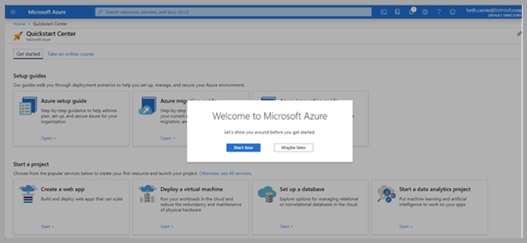 Uma captura de tela do Centro de Início Rápido do Painel do Azure com uma janela pop-up Bem-vindo ao Microsoft Azure.