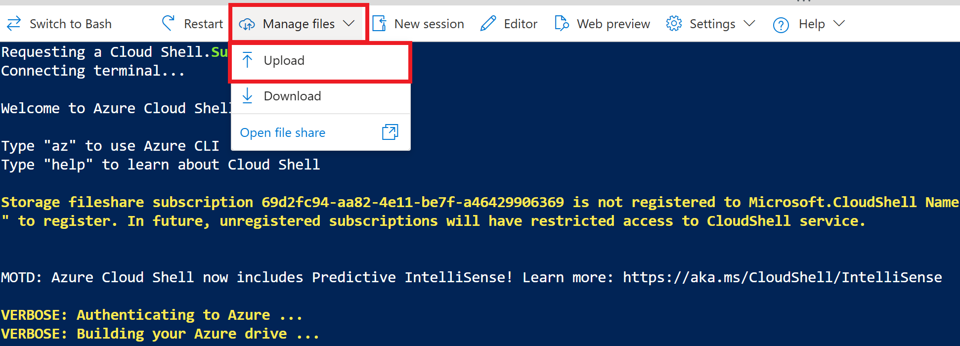 Captura de tela do Azure Cloud Shell. O ícone carregar está realçado.