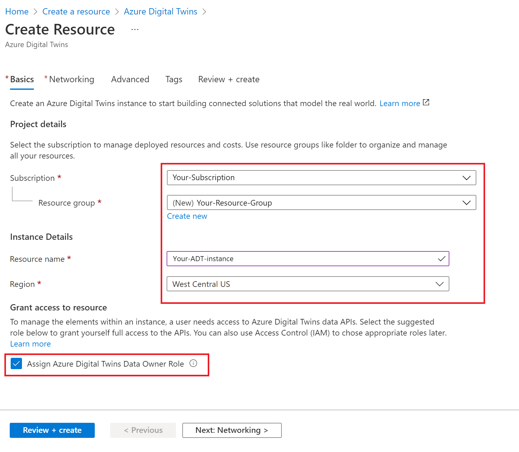 Captura de tela do processo Criar recurso dos Gêmeos Digitais do Azure no portal do Azure. Os valores descritos estão preenchidos.