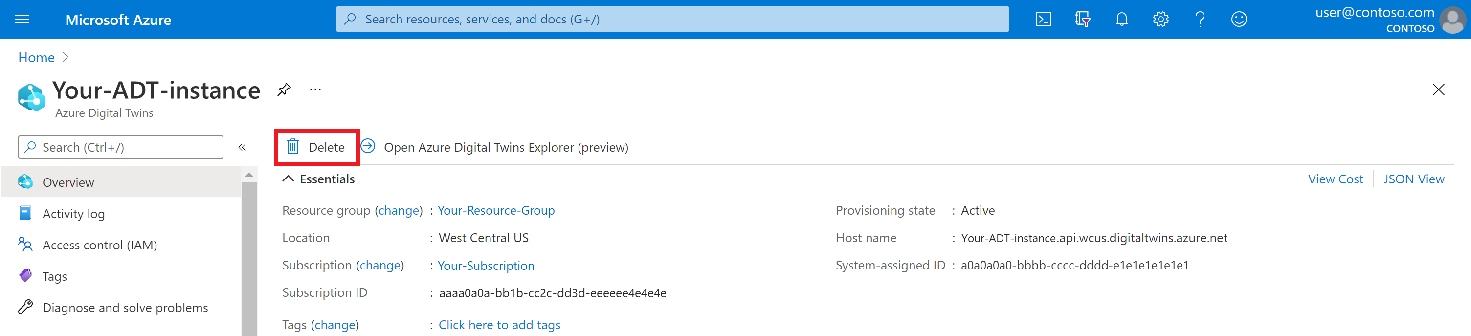 Captura de tela da página Visão geral de uma instância dos Gêmeos Digitais do Azure no portal do Azure. O botão Excluir é realçado.