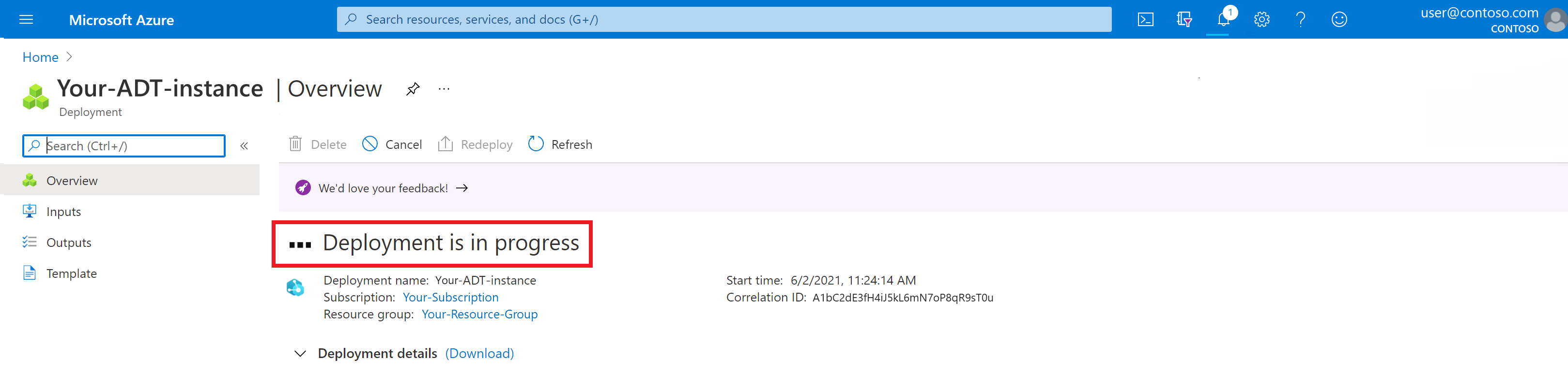 Captura de tela da página de implantação dos Gêmeos Digitais do Azure no portal do Azure. A página indica que a implantação está em andamento.