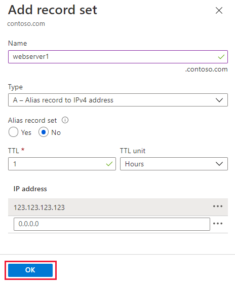 Captura de tela da página de conjunto de registros do IP público.