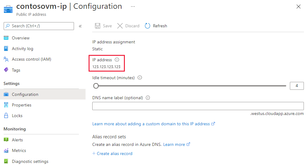 Captura de tela da página de configuração de IP público.