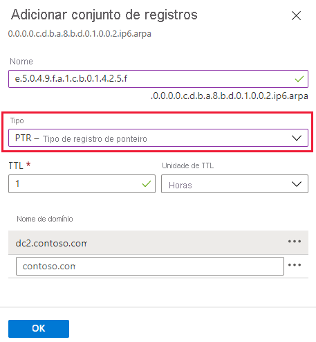 Captura de tela de “criar registro de ponteiro IPv6”.