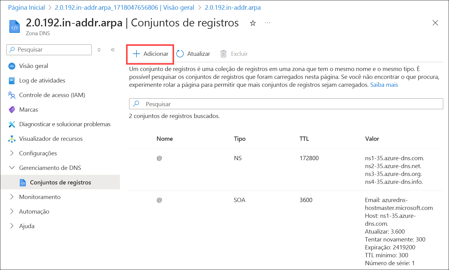 Uma captura de tela de como adicionar um registro DNS reverso IPv4 a uma zona DNS.