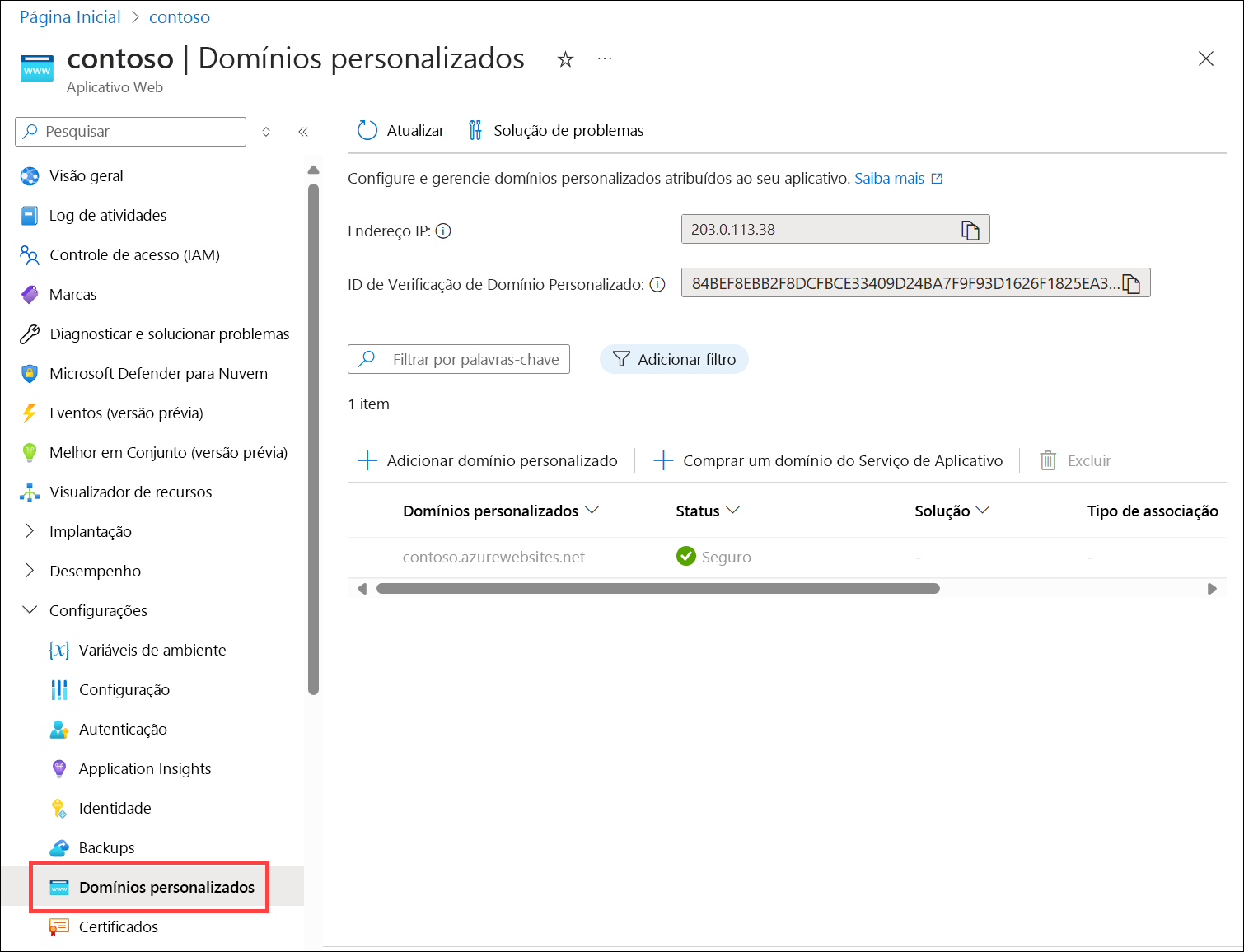 Captura de tela da página de domínios personalizados do Serviço de Aplicativo do Azure que mostra o endereço IP do aplicativo Web.