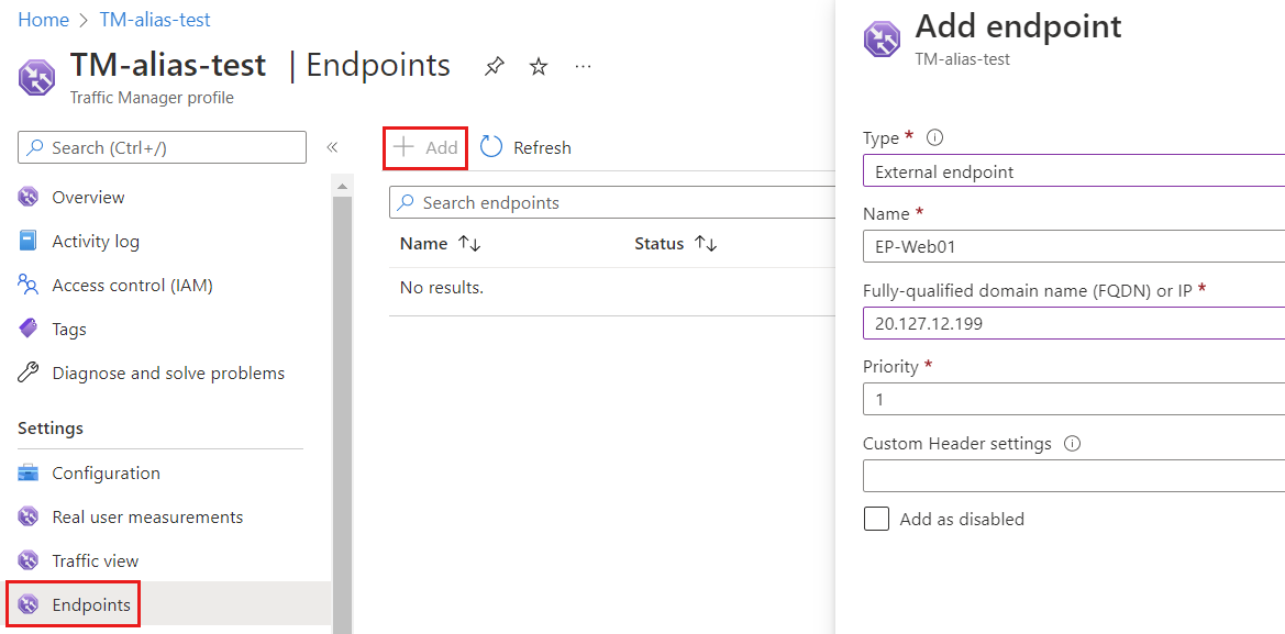 Captura de tela da página Pontos de extremidade no perfil do Gerenciador de Tráfego mostrando as configurações selecionadas para adicionar um ponto de extremidade.