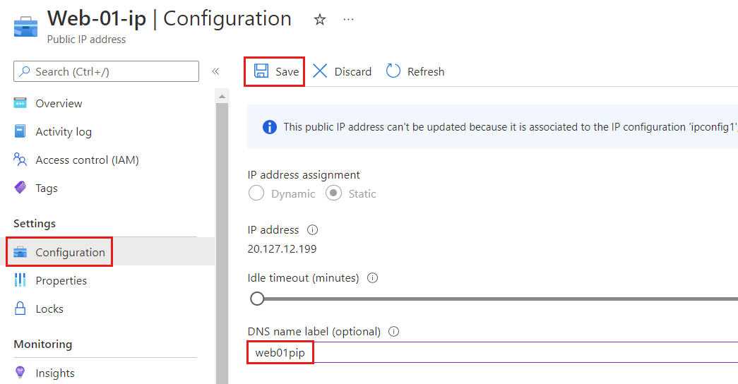 Captura de tela da página de configuração do endereço IP público do Azure mostrando o rótulo de nome D N S.