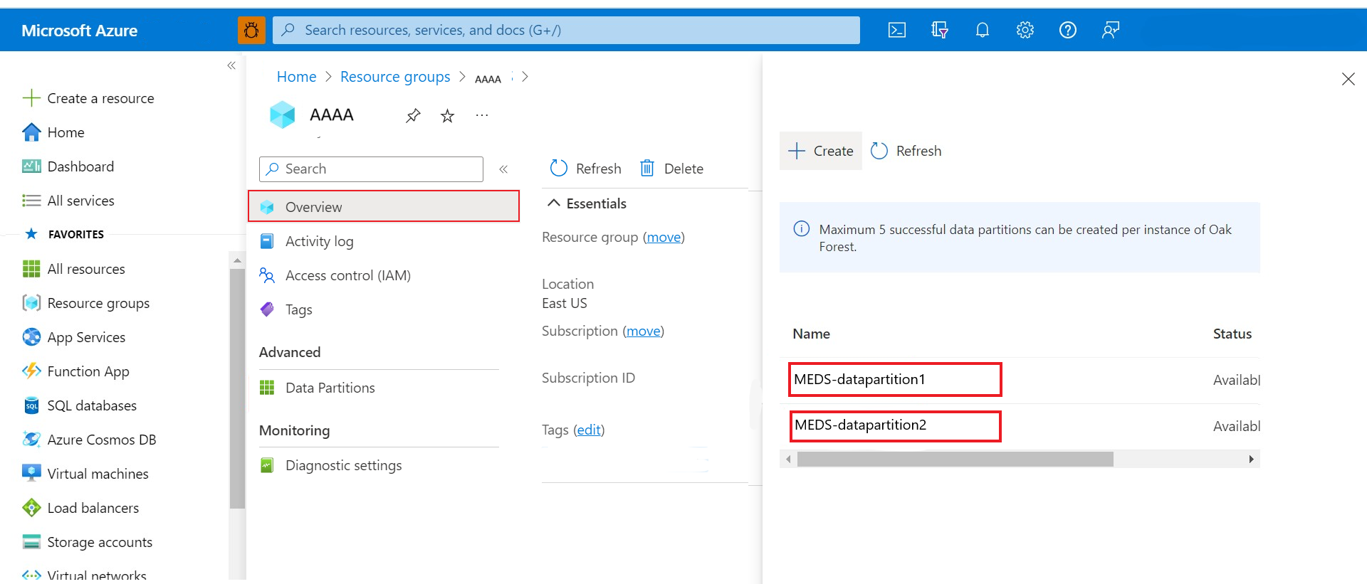 Captura de tela mostrando a localização do data-partition-id da página Visão geral da instância do Gerenciador de Dados de Energia do Azurea com as partições de dados.