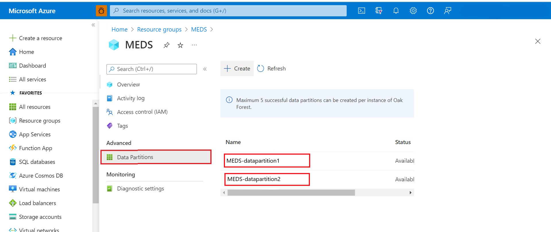 Captura de tela mostrando a localização do data-partition-id da instância do Gerenciador de Dados de Energia do Azure.