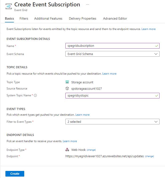 Screenshot showing the Create Event Subscription page with all fields selected.