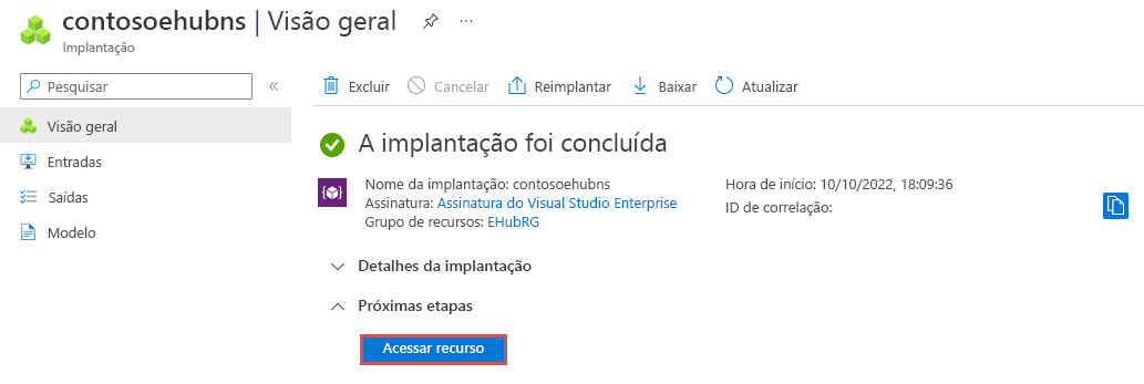 Captura de tela da página de Implantação concluída com o link para o recurso.