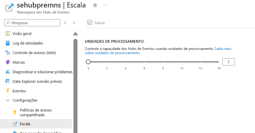 Captura de tela da página Dimensionar de um namespace premium existente com unidades de processamento configuradas.