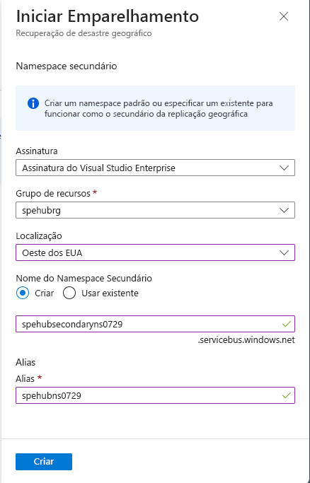 Captura de tela mostrando a seleção do namespace secundário para o emparelhamento.