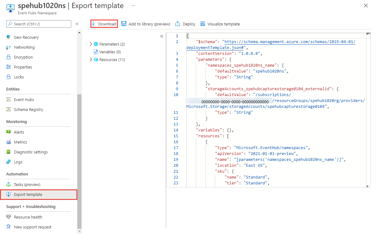 Captura de tela mostrando onde baixar o modelo do Resource Manager