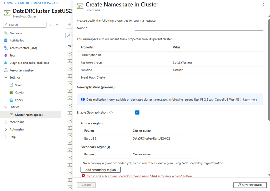 Captura de tela do namespace dedicado para criar a interface do usuário com a interface do usuário de replicação geográfica.