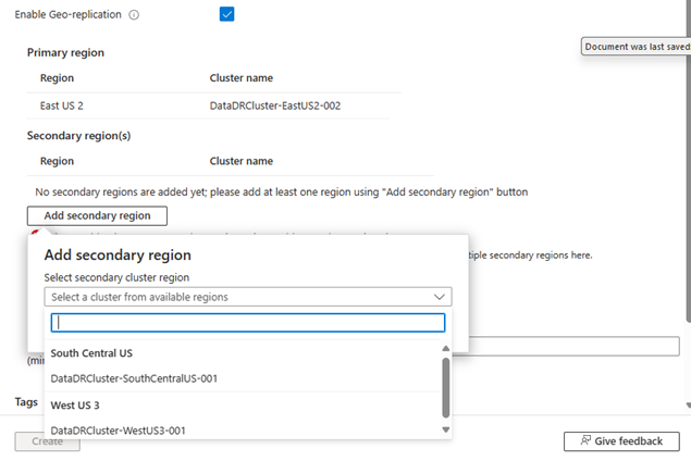 Captura de tela da seleção de cluster e região secundária no namespace para criar interface do usuário.