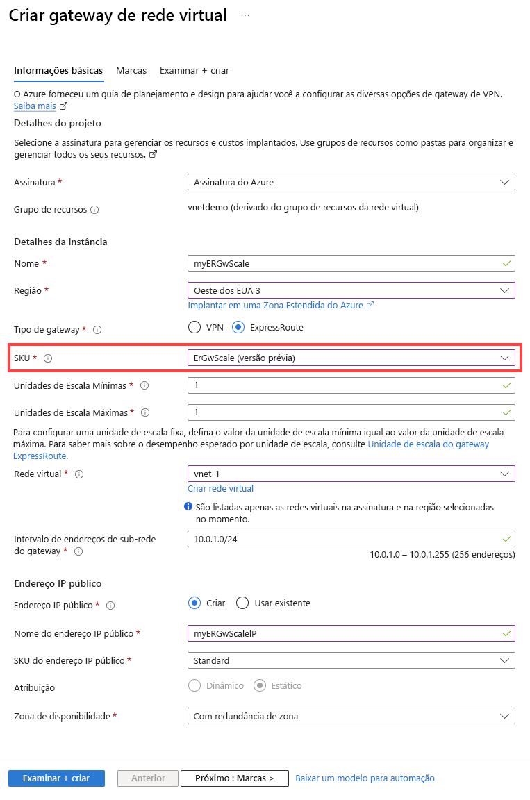 Captura de tela que mostra a página Adicionar sub-rede para adicionar a sub-rede de gateway.