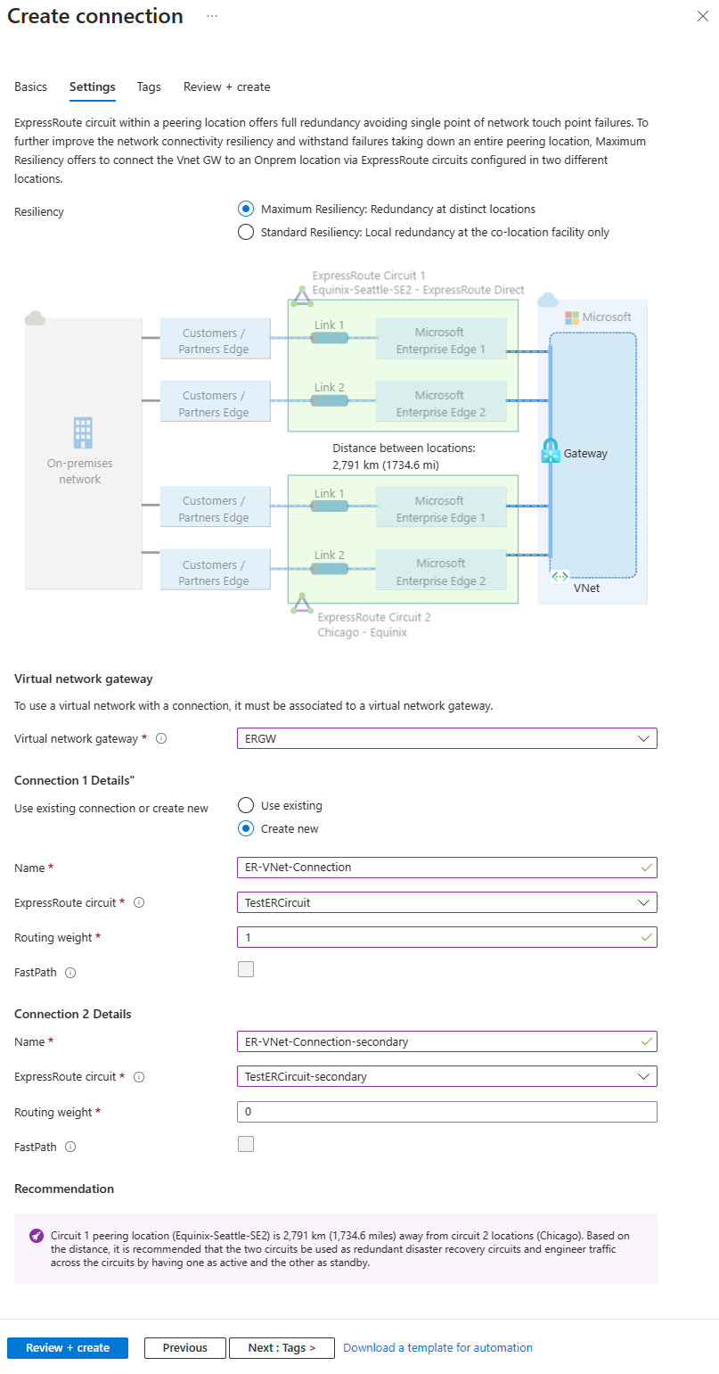 Captura de tela da página de configurações para conexões de resiliência máxima do ExpressRoute com um gateway de rede virtual.