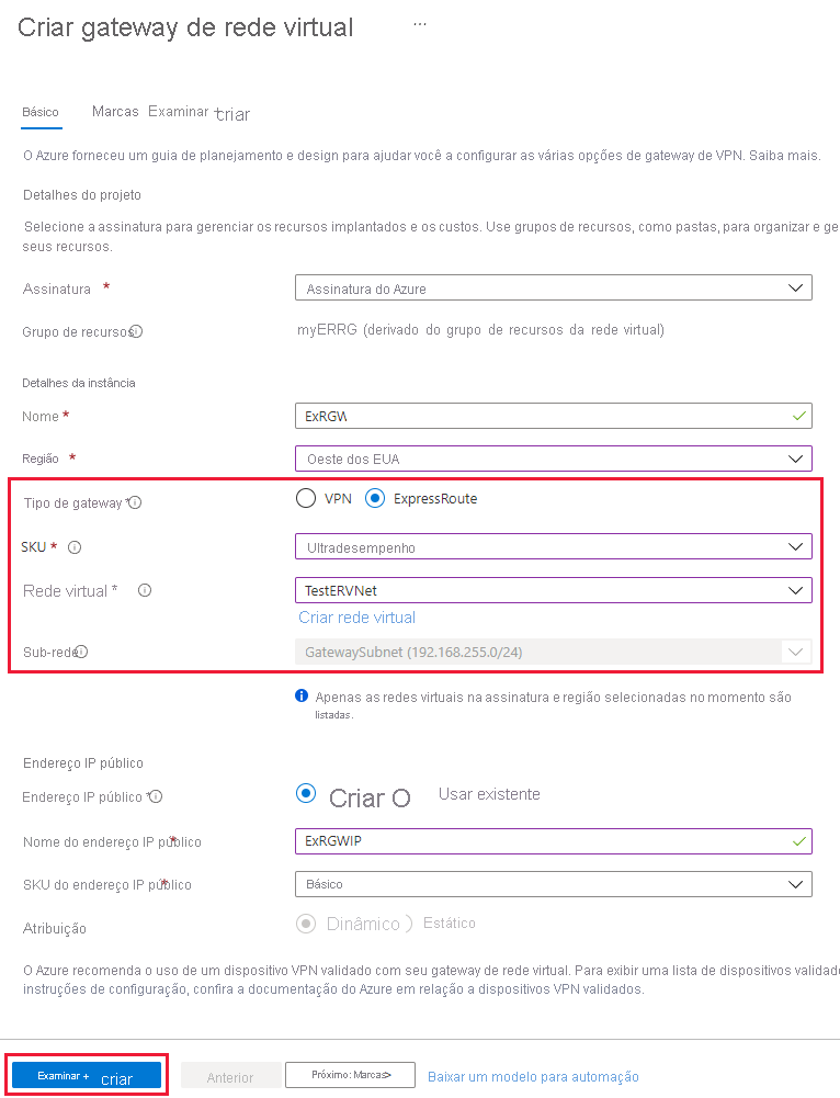 Captura de tela de Criar um gateway de rede virtual para ExpressRoute.