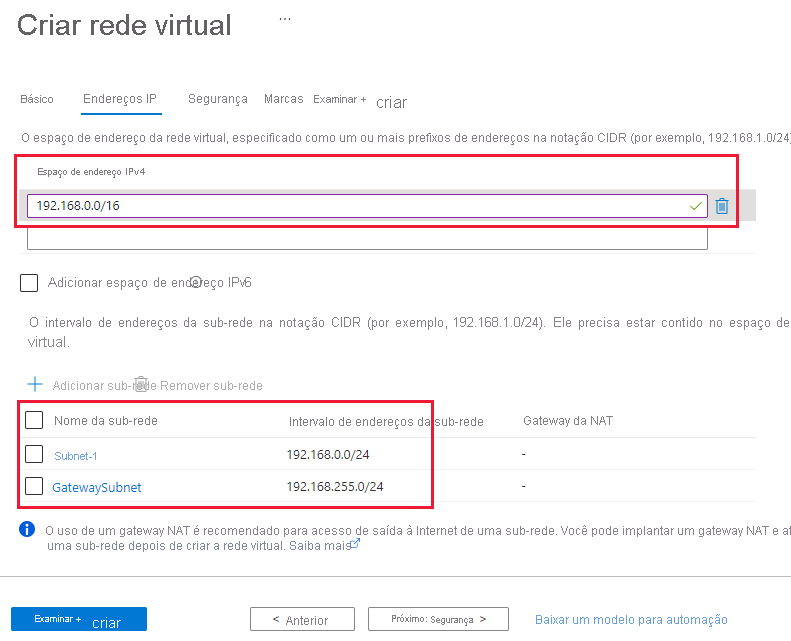 Captura de tela da guia Endereços IP para criação de uma rede virtual.