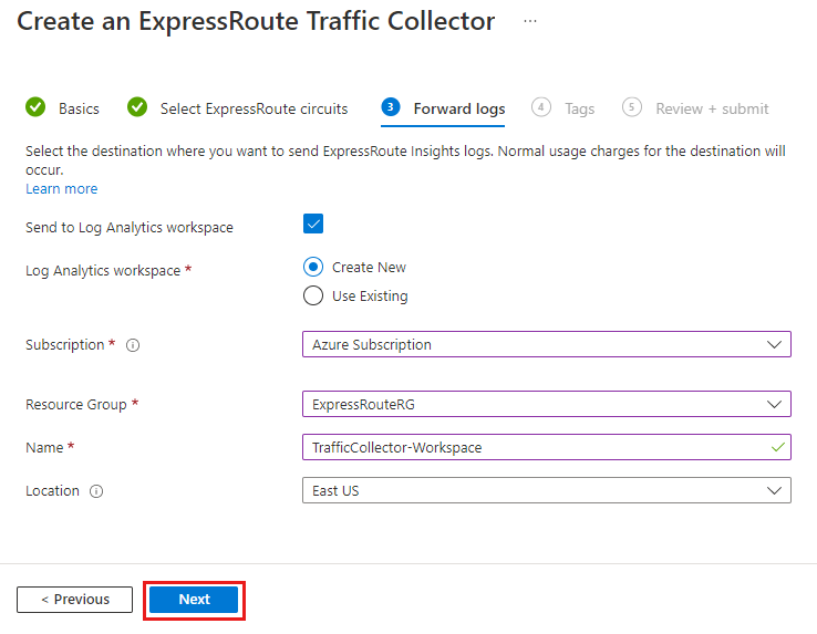 Captura de tela da guia de encaminhamento de logs para o workspace do Log Analytics.