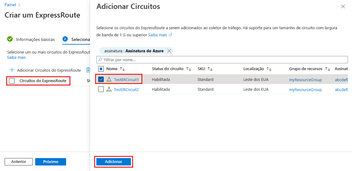 Captura de tela da guia Selecionar circuitos do ExpressRoute e da página Adicionar circuitos.