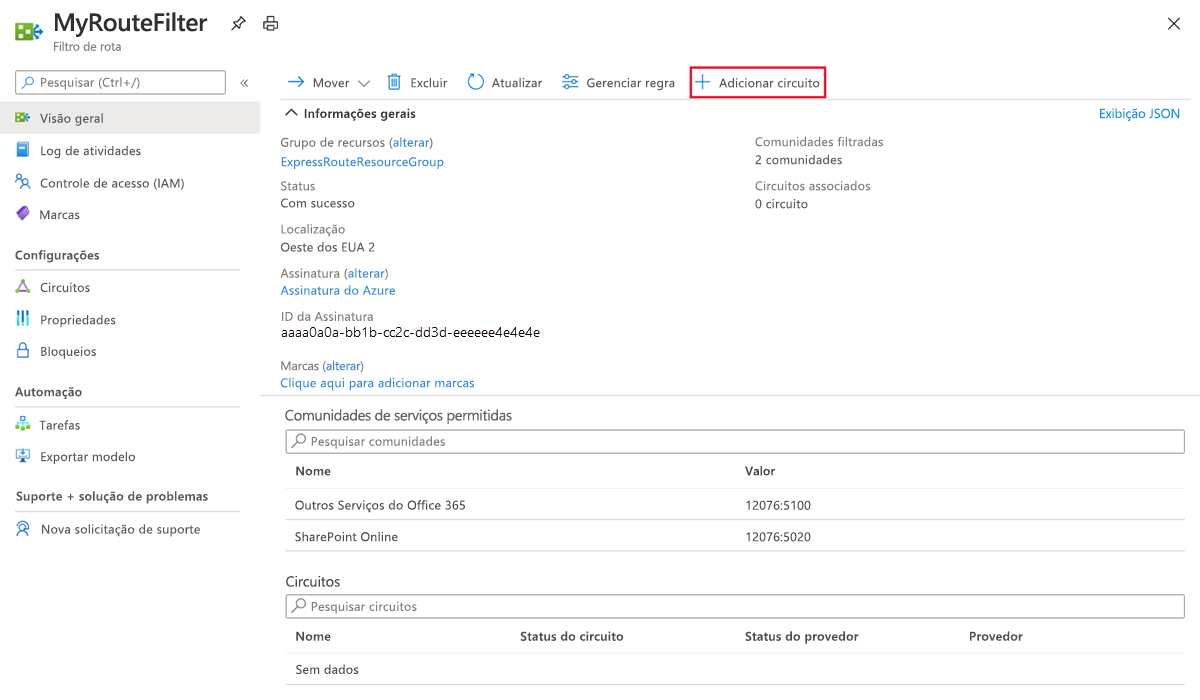 Captura de tela que mostra a página de Visão geral com a ação Adicionar circuito selecionada.