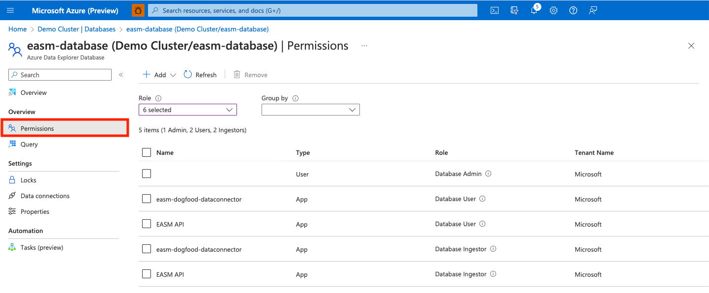 Captura de tela mostrando permissões do Azure Data Explorer.