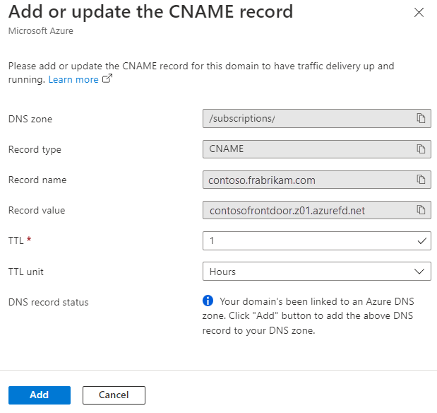 Captura de tela do painel Adicionar ou atualizar o painel de registro CNAME.