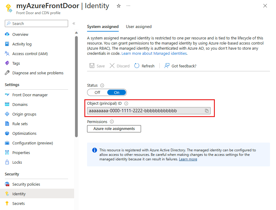 Captura de tela da identidade gerenciada atribuída pelo sistema registrada com o Microsoft Entra ID.