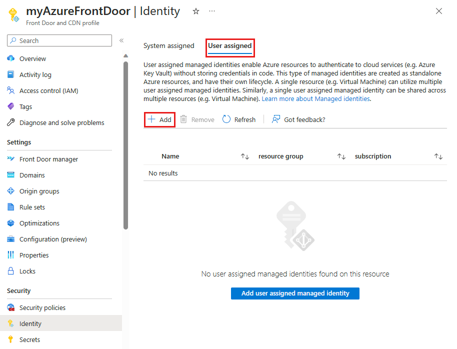 Captura de tela da página de configuração da identidade gerenciada atribuída pelo usuário.