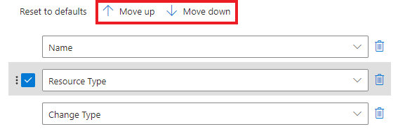 Captura de tela da seleção de uma coluna para mover para cima ou para baixo na ordem.