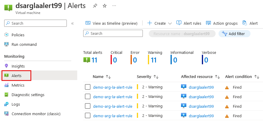 Captura de tela dos alertas de monitoramento da máquina virtual que mostra a lista de alertas disparados.