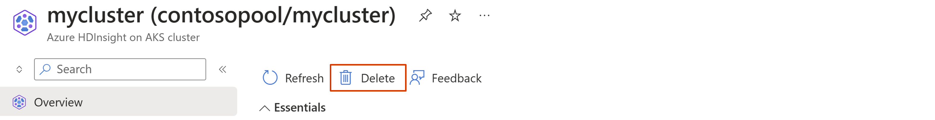 Captura de tela mostrando como excluir o cluster no HDInsight no cluster do AKS.